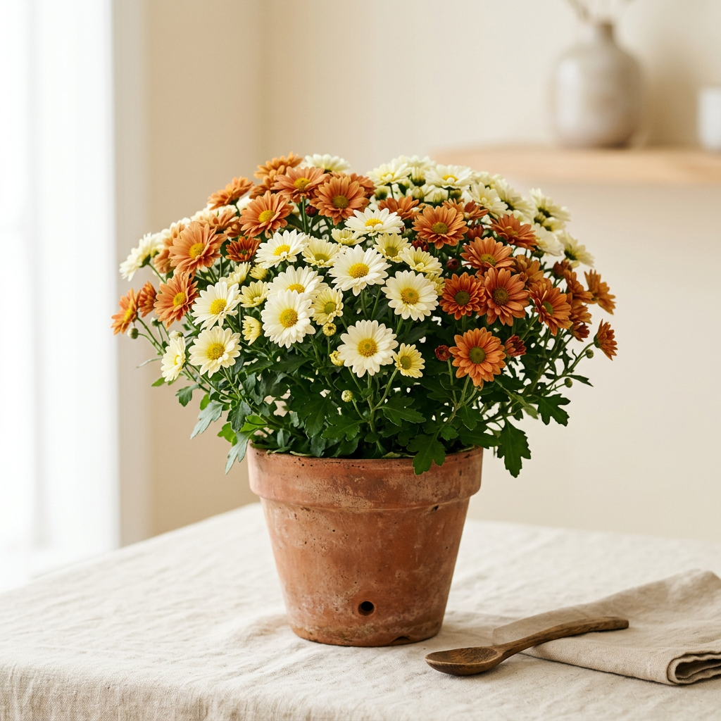 Petit chrysanthème en pot, visuel d'illustration
